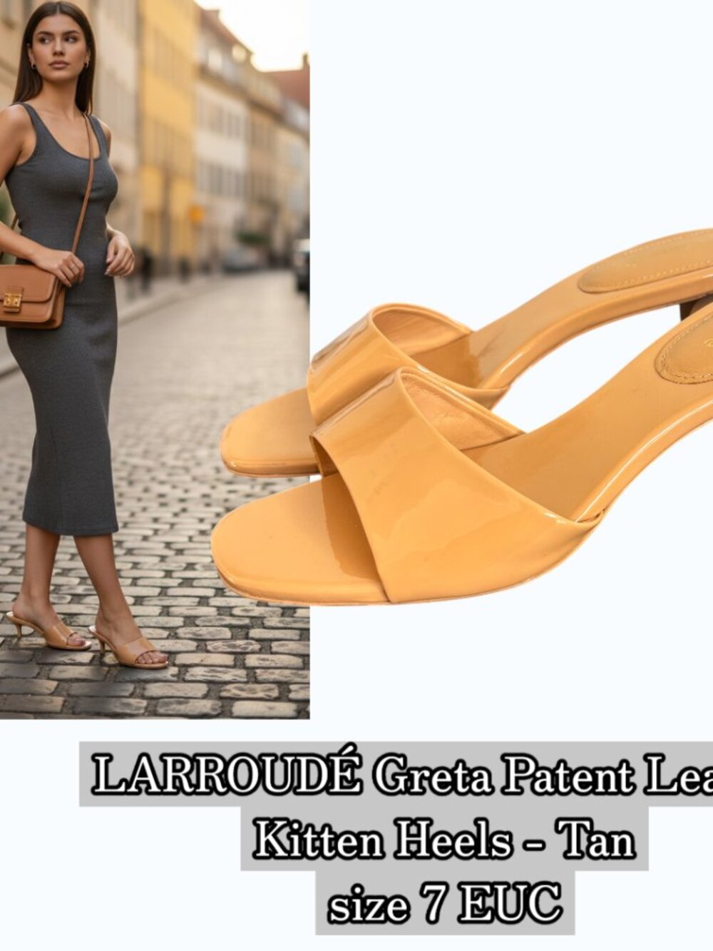 LARROUDÉ Greta Patent Leather Kitten Heels - Tan SIZE 7 EUC